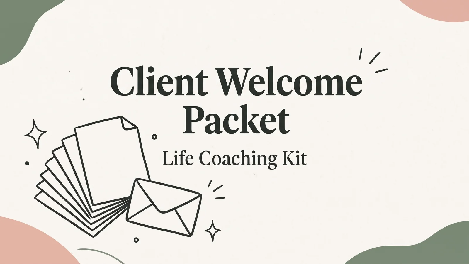 Client welcome packet cover: seven fanned pages and an envelope in sage and blush on a paper background