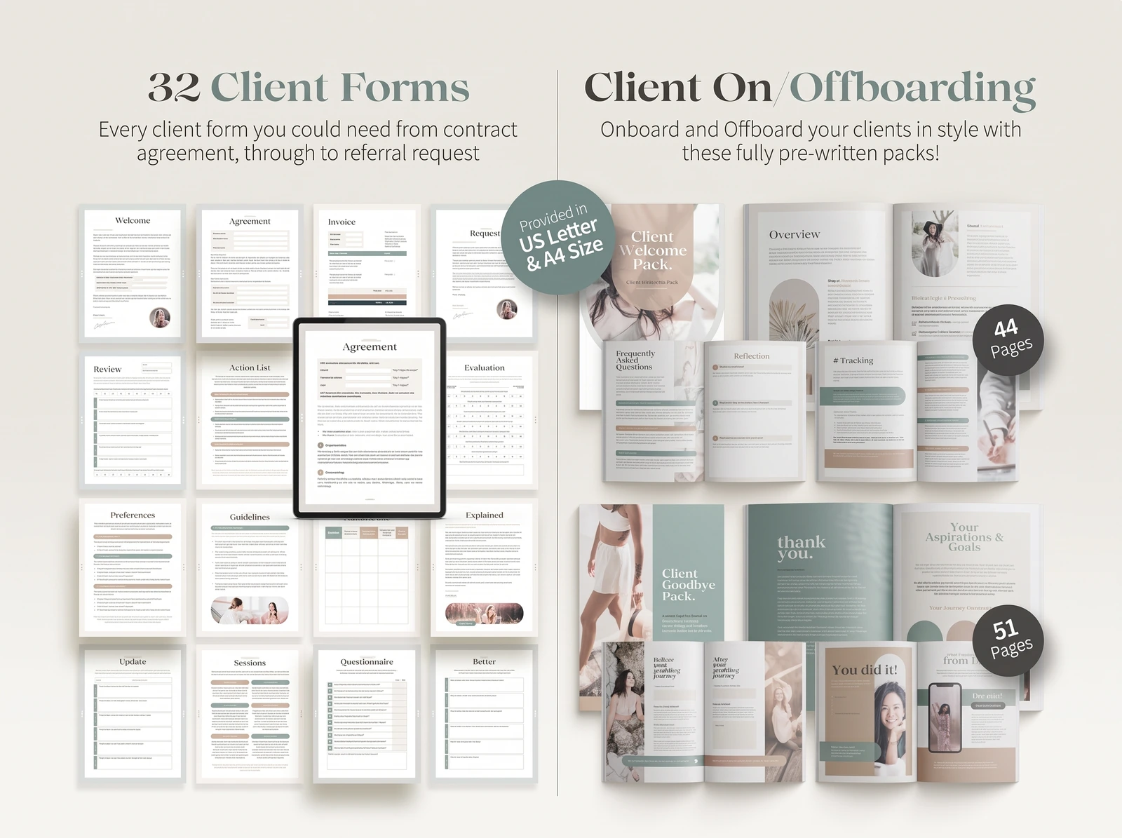 Life Coaching Kit: 32 client forms with the agreement page on a tablet, plus the welcome and goodbye packs
