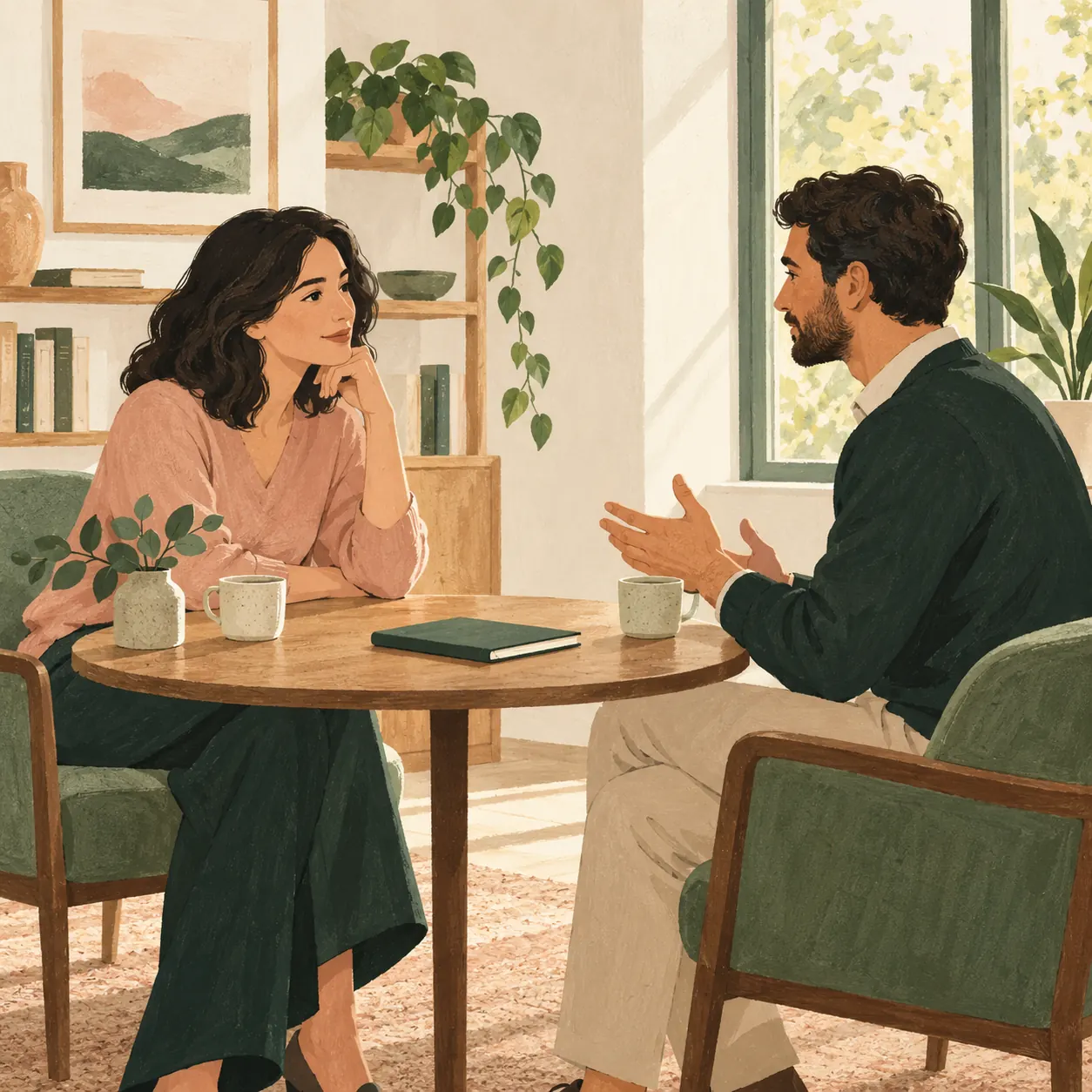 A calm closing conversation between a coach and client, with space for reflection