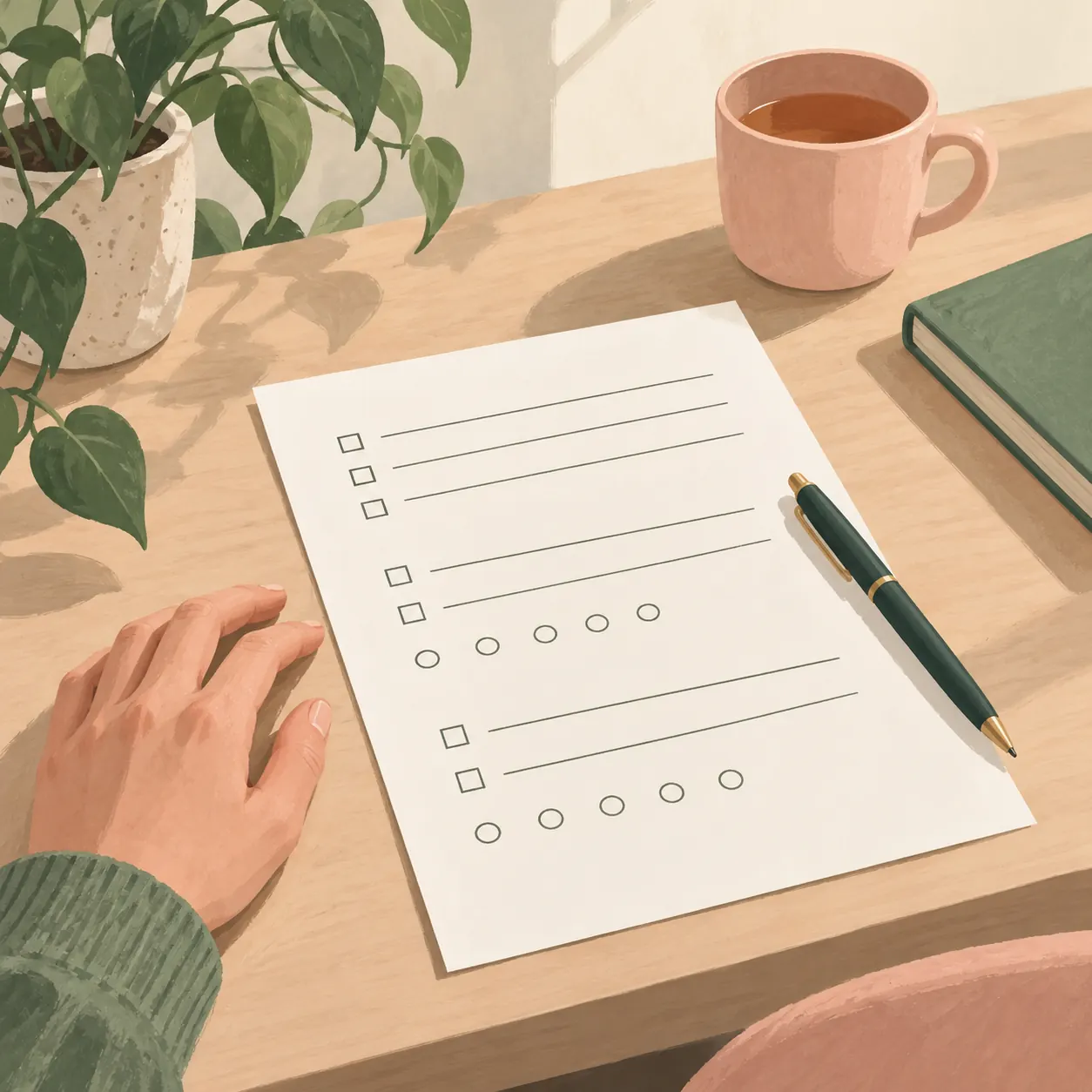 Simple feedback form on a desk with a pen and uncluttered, private workspace