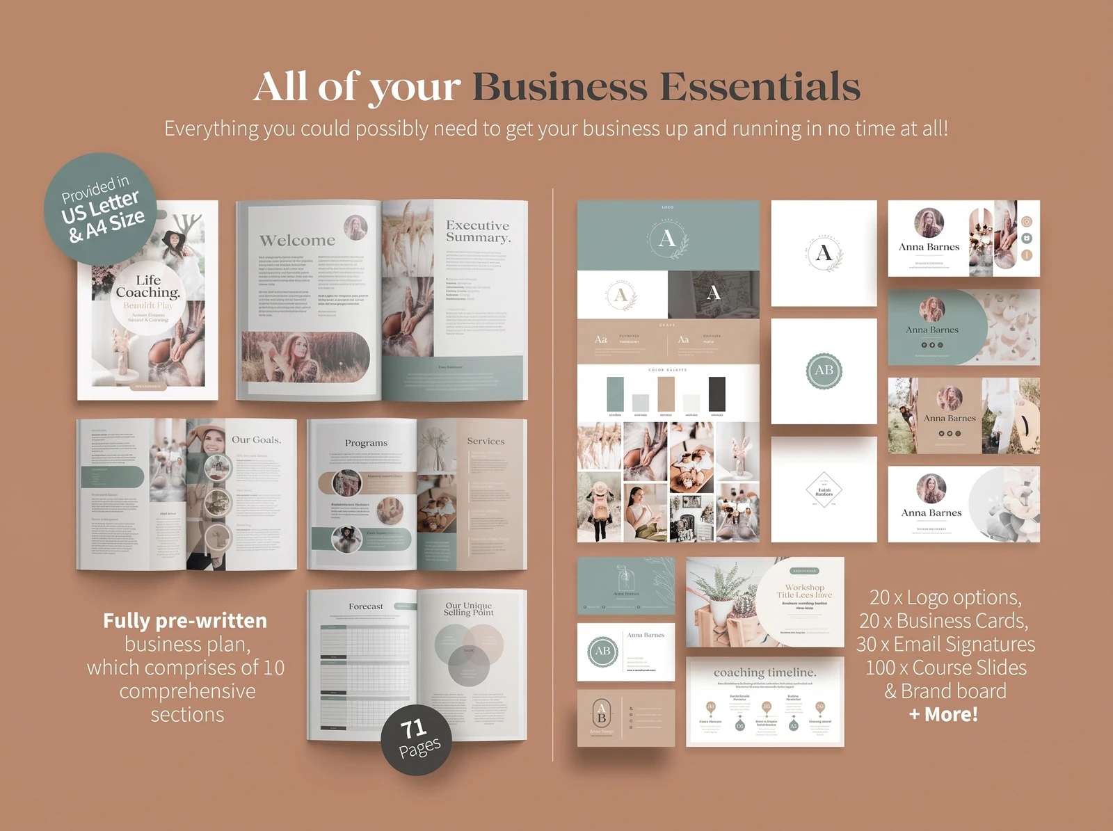 Business essentials: a 71-page pre-written business plan, logos, business cards and email signatures