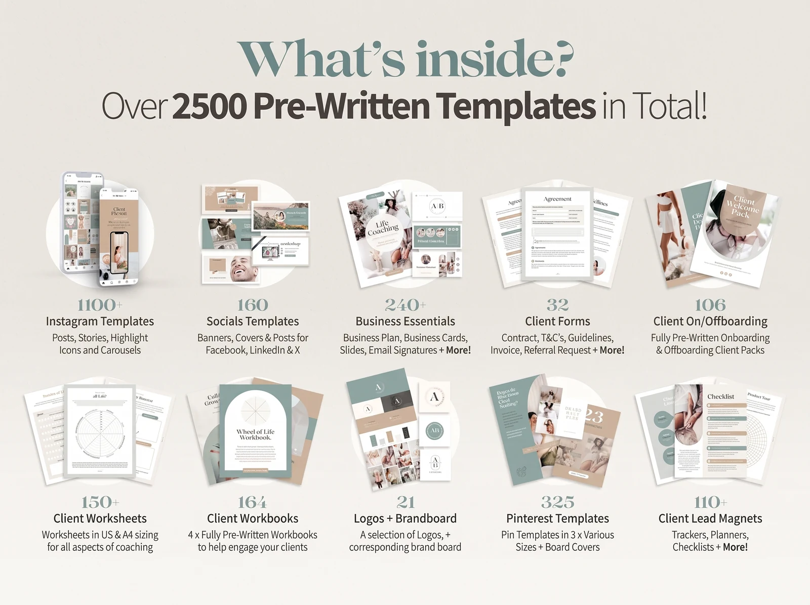 The Life Coaching Kit contents: 32 client forms, 106 on/offboarding pages, 150+ worksheets, 4 workbooks and more