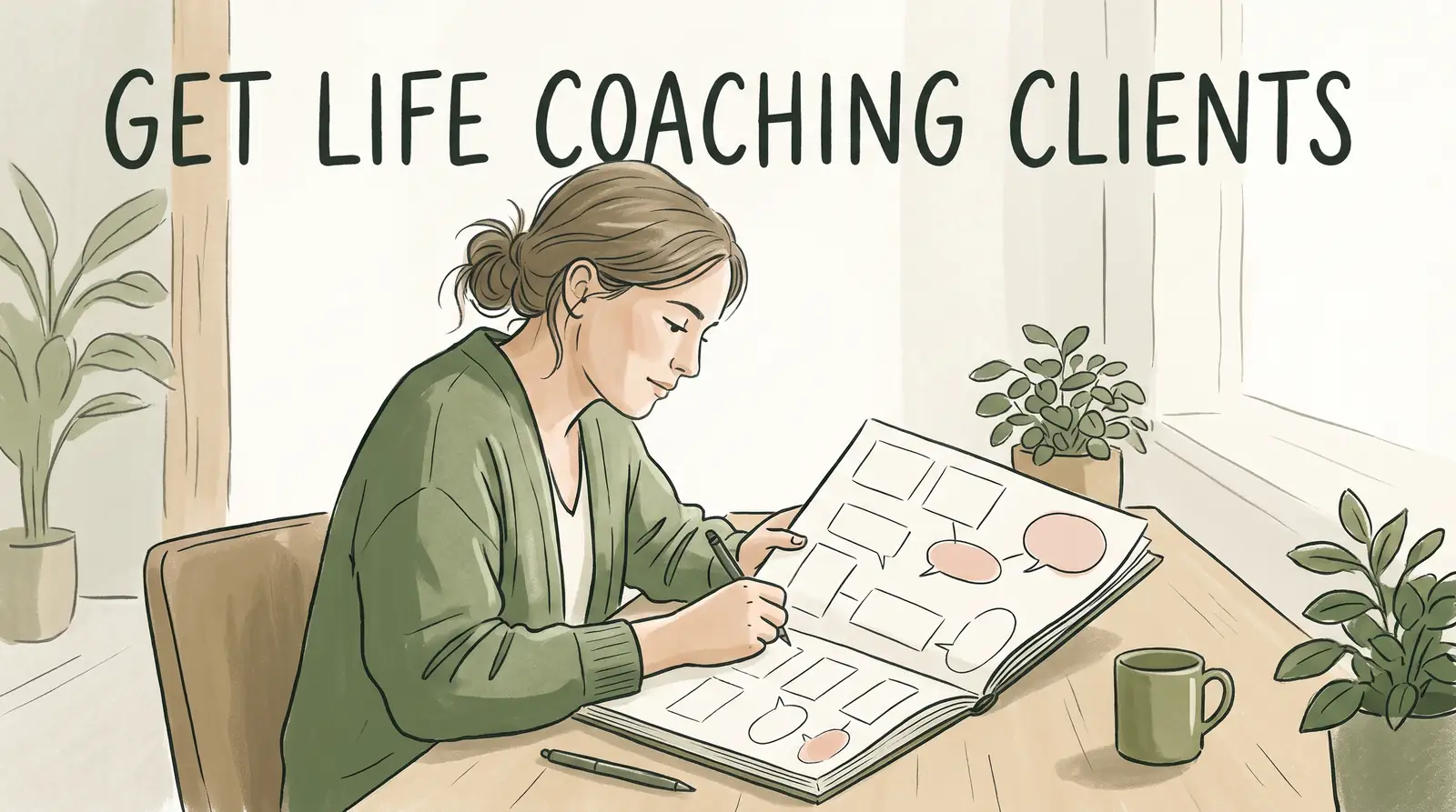 Life coach planning a focused four-week client-finding test at a desk