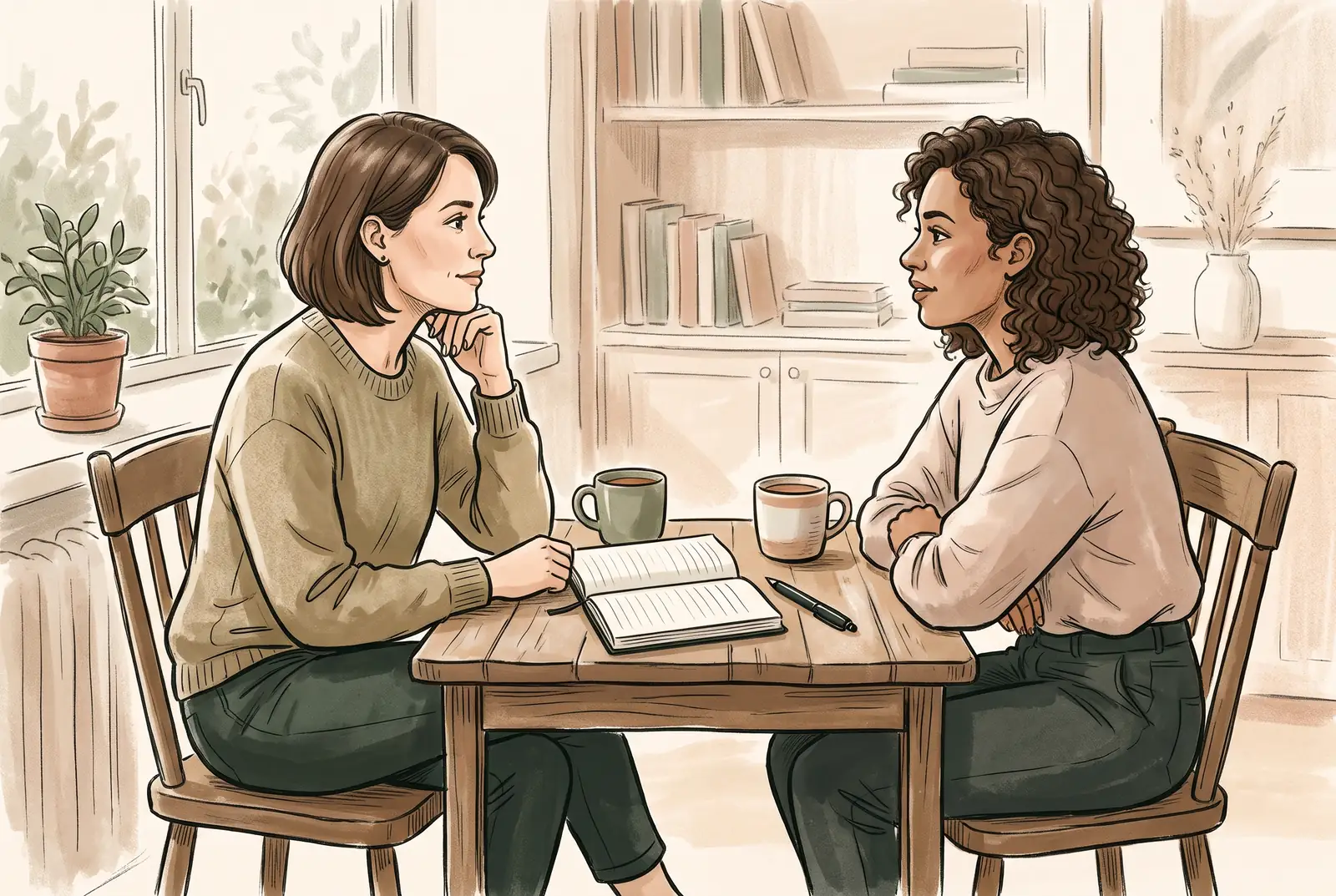 A life coach and potential client listening to each other during a calm discovery conversation