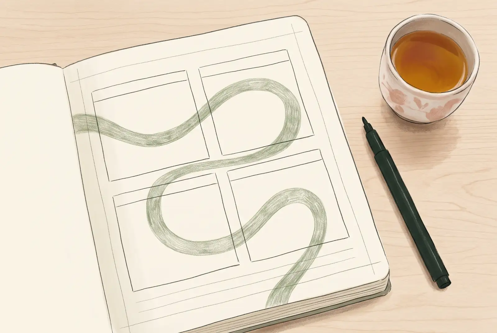 A life coach planning a focused four-week client-finding test in a notebook