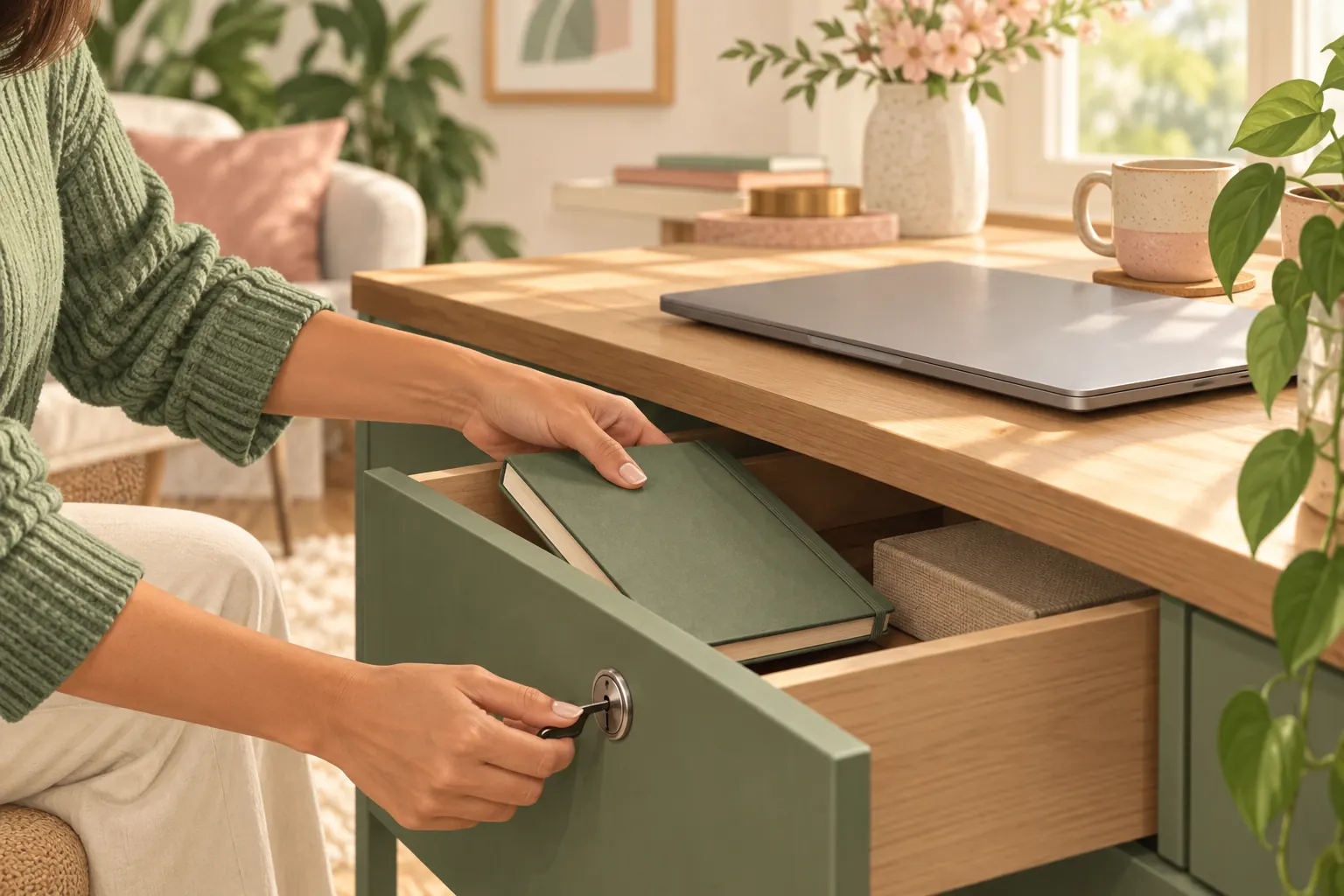 An illustration of a coach securing a blank client notebook and closing a laptop
