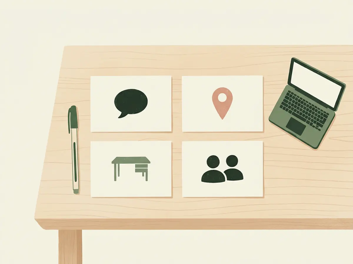 An illustration of four blank cards for services, location, workspace, and people involved